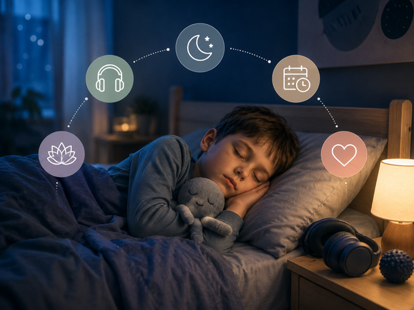 Enfant autiste dormant paisiblement dans sa chambre avec des éléments favorisant une routine de sommeil apaisante.