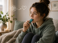 Jeune femme mâchant un collier sensoriel en silicone pour favoriser l'apaisement, la concentration et la régulation de l'anxiété liée au TDAH.