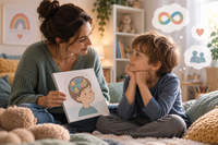 Mère expliquant avec bienveillance son diagnostic d’autisme à son enfant dans un environnement calme et rassurant.