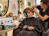 Enfant autiste préparé à une coupe de cheveux chez le coiffeur avec casque anti-bruit et jouet sensoriel.