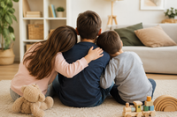Frères et sœur réunis dans un moment de complicité, illustrant l’équilibre au sein d’une fratrie avec un enfant autiste