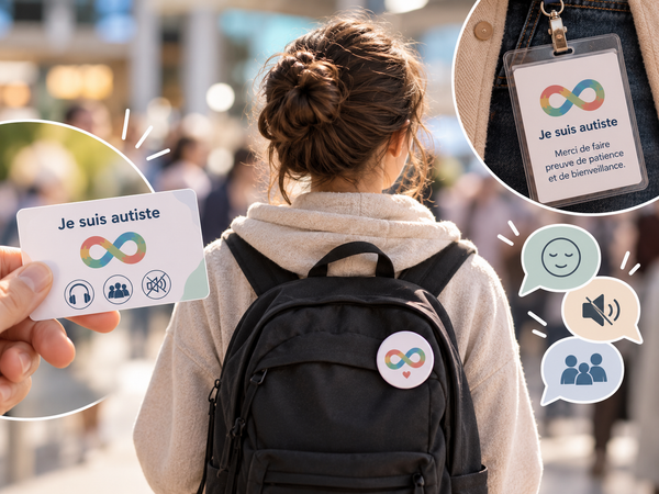 Personne autiste dans un lieu public utilisant un badge et une carte pour signaler son autisme et faciliter la communication.