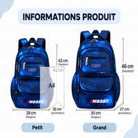 Dimensions du sac à dos pour enfant autiste : petit 42 × 28 × 16 cm et grand 46 × 30 × 17 cm, avec format A4.